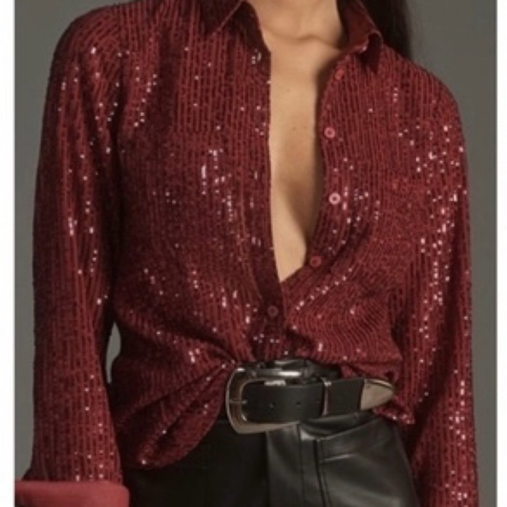 Anthropologie Remie Burgundy Sequin Button Down Shirt